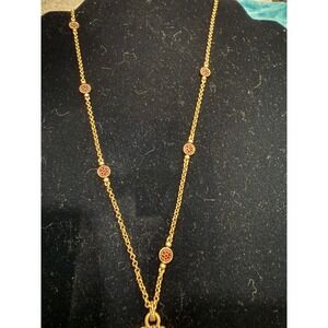 Gold Tone Station Necklace with Round Pink Bezel Set‎ Crystals Long Chain 34"